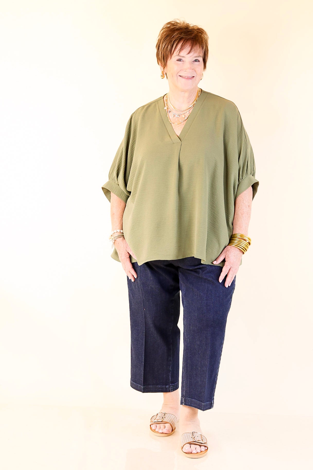 Olive Green Relaxed V Neck Half Sleeve Top