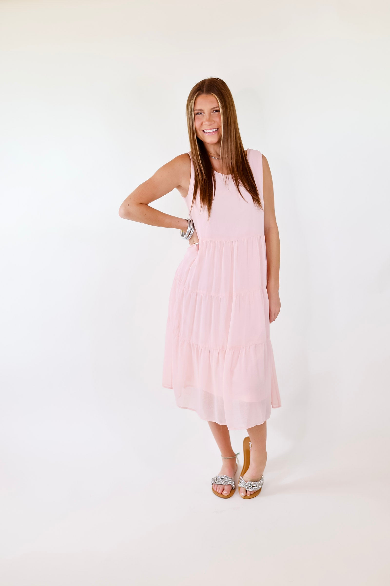 Blush Pink Tiered Tank Midi Dress