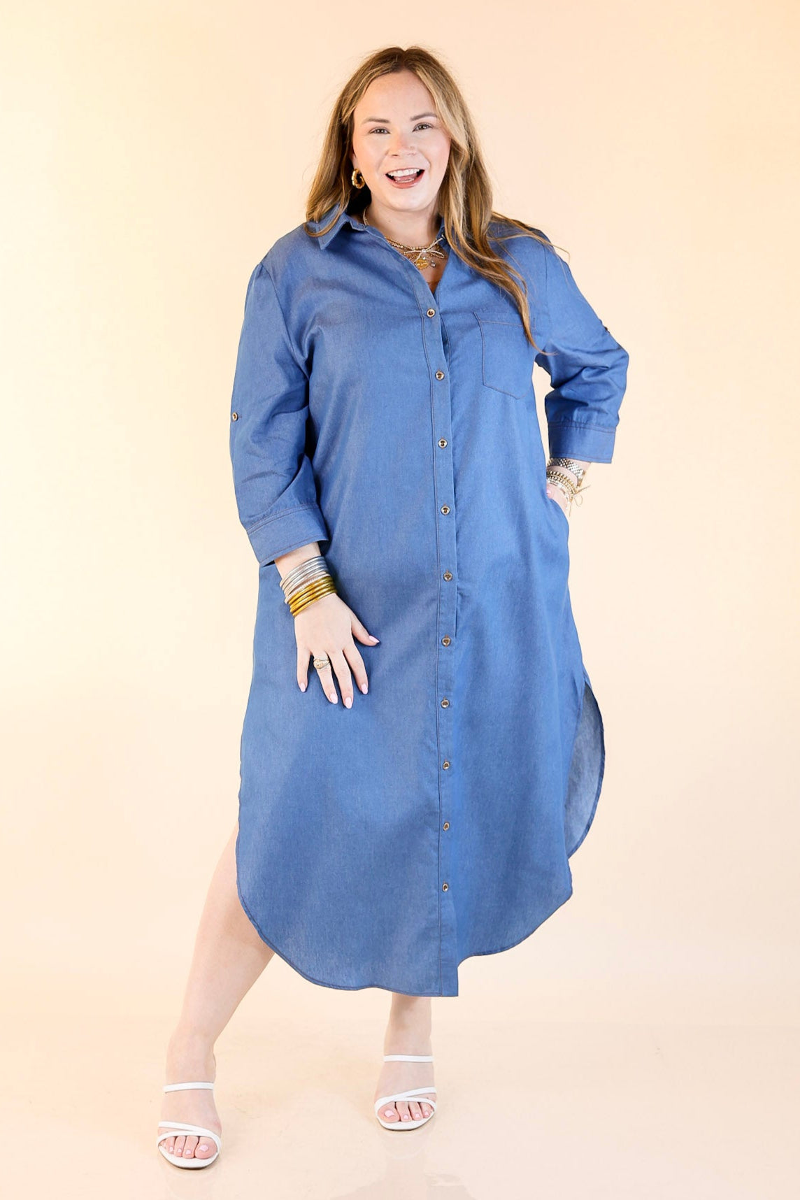 Light Wash Button Front Denim Midi Dress