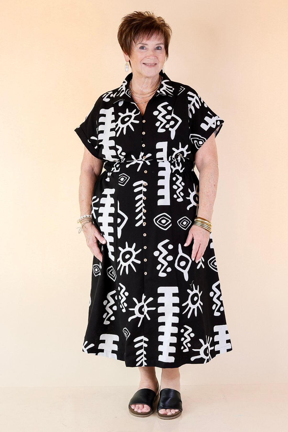 Black and White Abstract Button Down Midi Dress