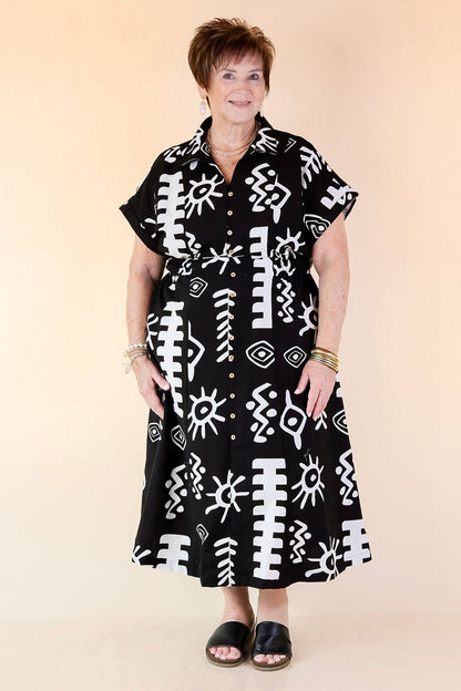 Black and White Abstract Button Down Midi Dress