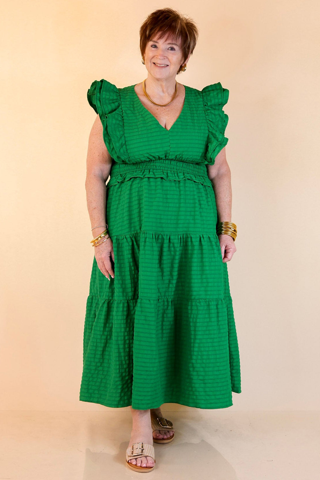 Green Smocked Waist Tiered Maxi Dress