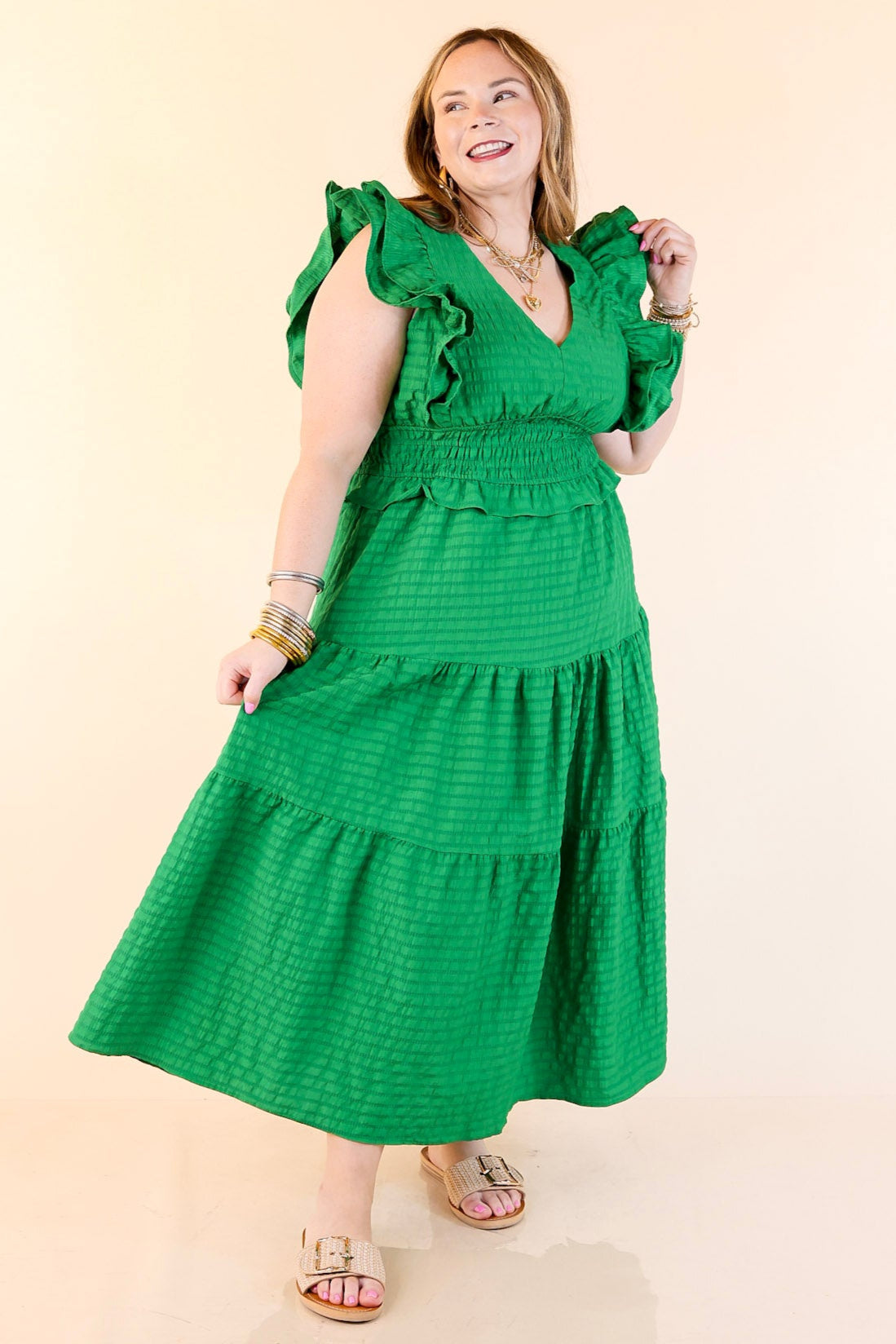 Green Smocked Waist Tiered Maxi Dress