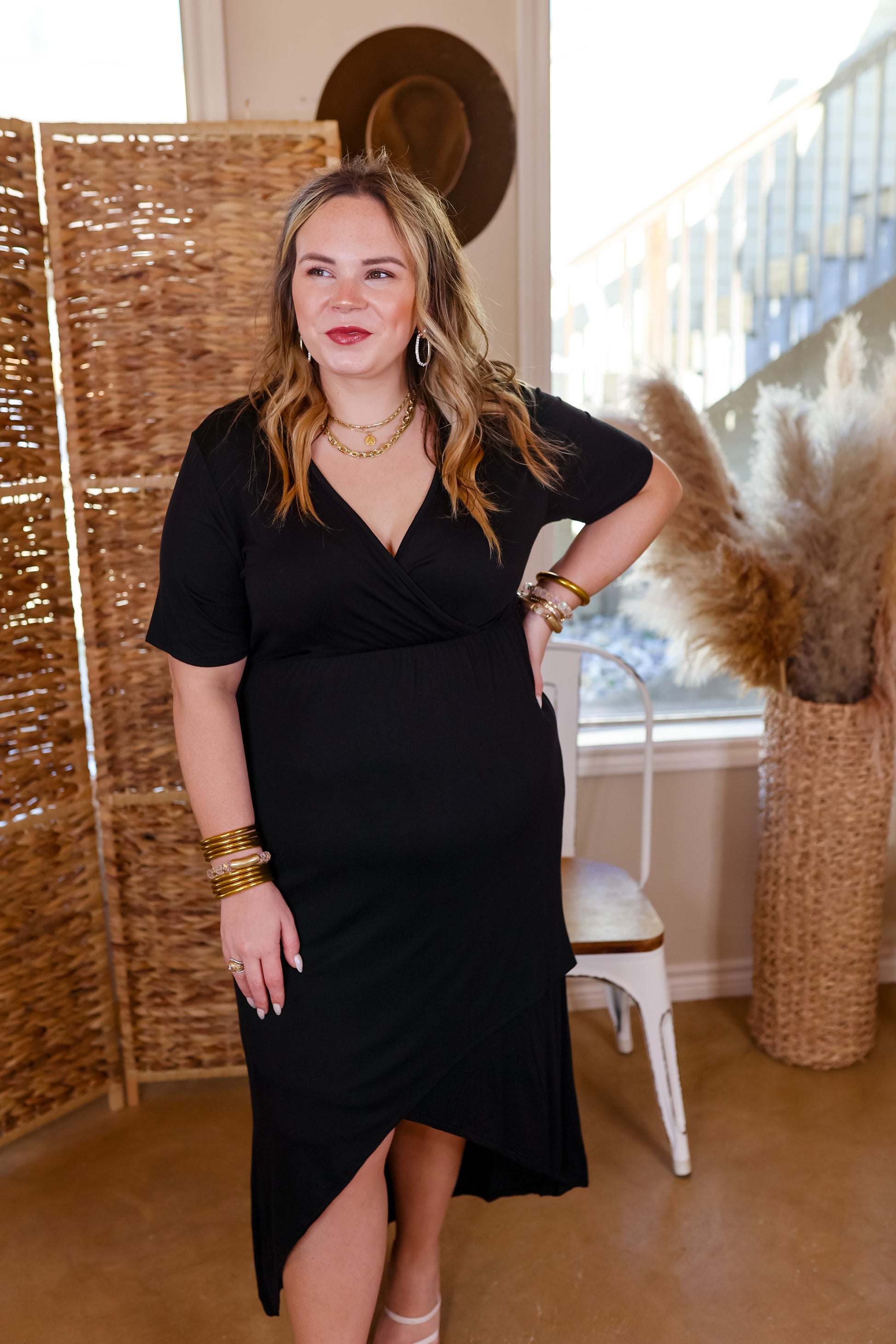 Relaxed Black Wrap Midi Dress