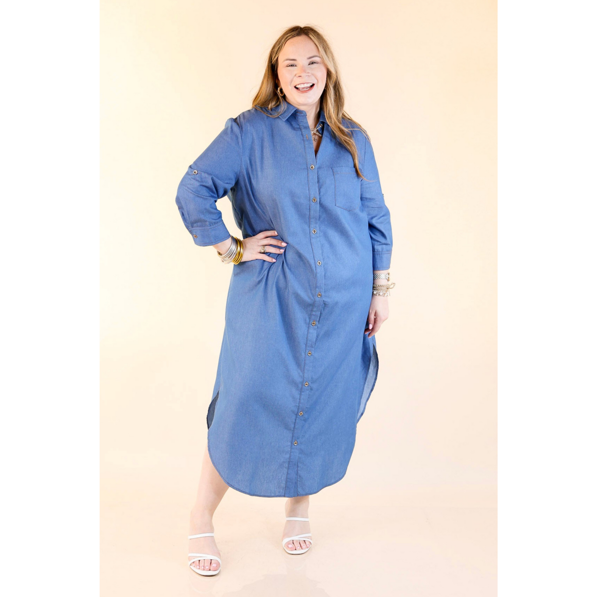 Light Wash Button Front Denim Midi Dress