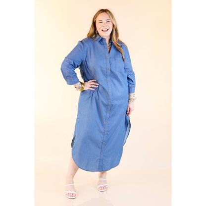 Light Wash Button Front Denim Midi Dress
