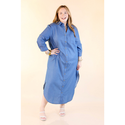 Light Wash Button Front Denim Midi Dress