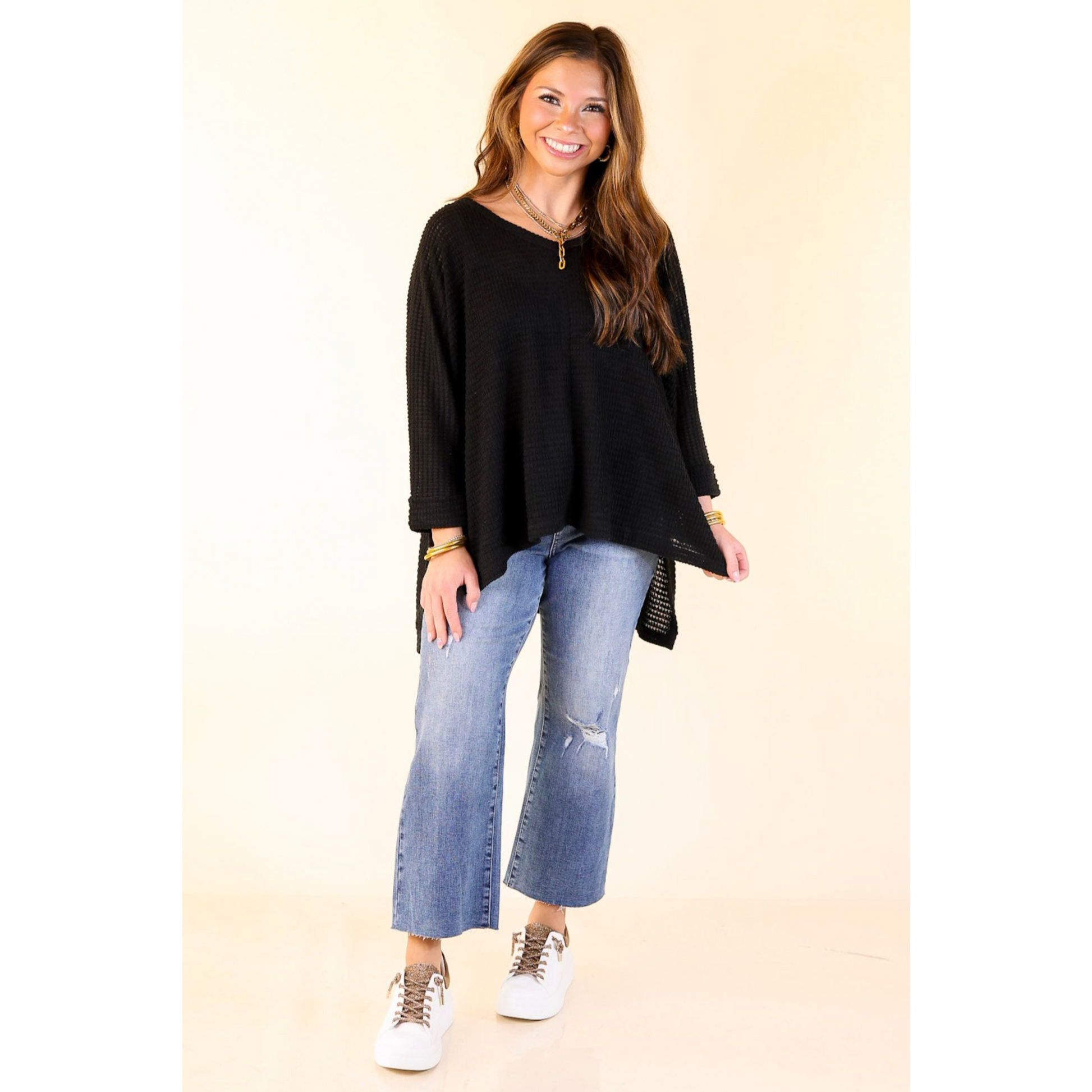 Black Waffle Texture Relaxed Cuff Sleeve Blouse