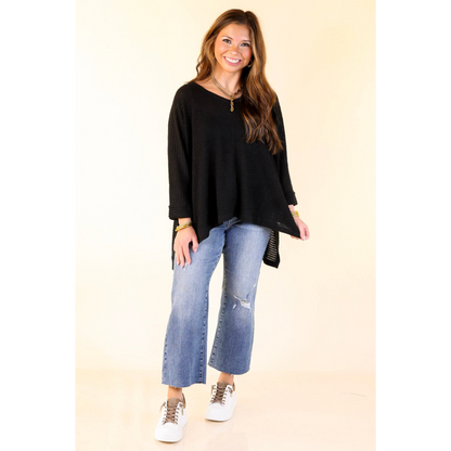 Black Waffle Texture Relaxed Cuff Sleeve Blouse