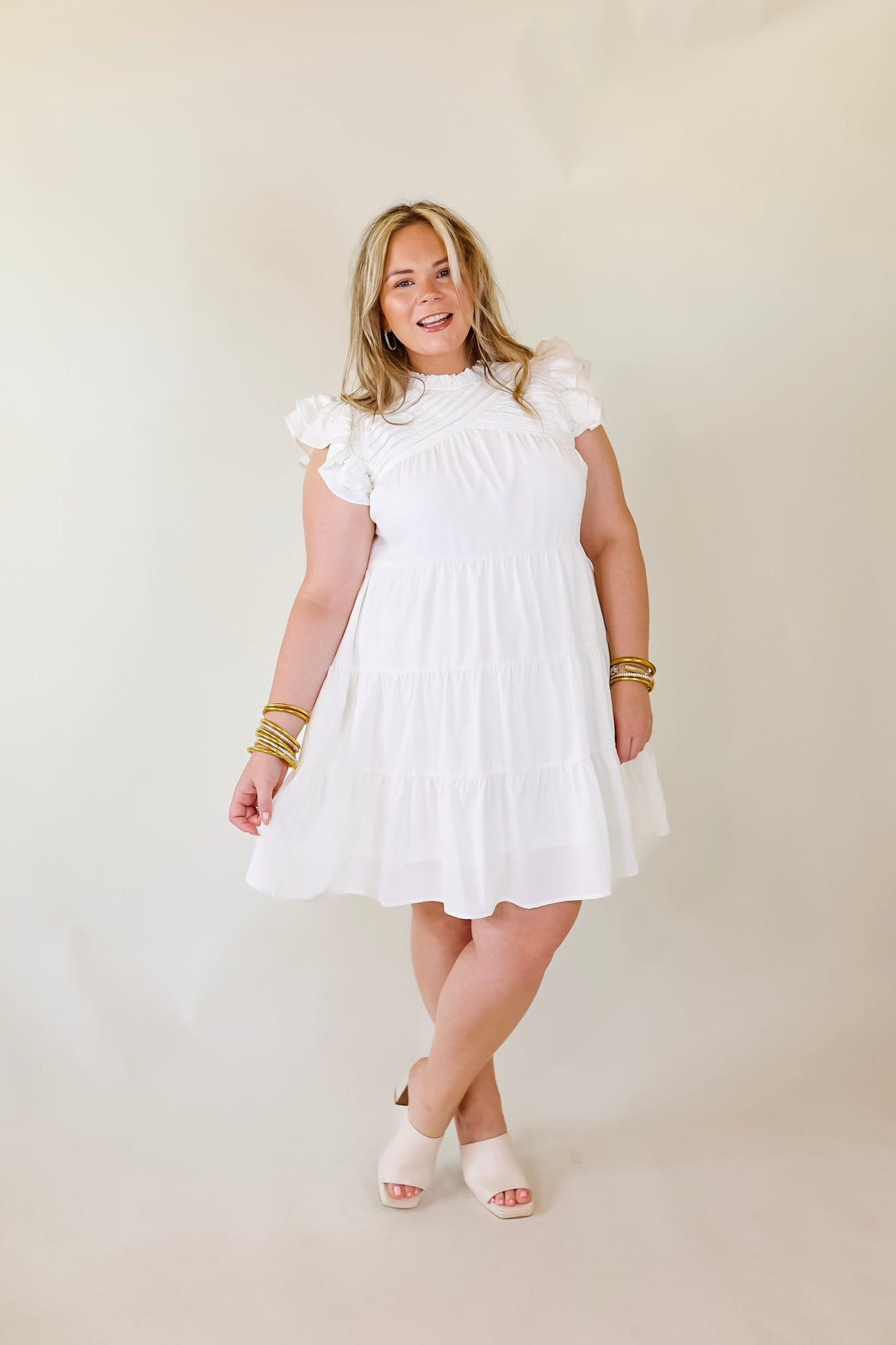 White Pleated Neck Ruffle Tiered Dress