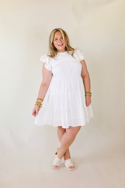 White Pleated Neck Ruffle Tiered Dress