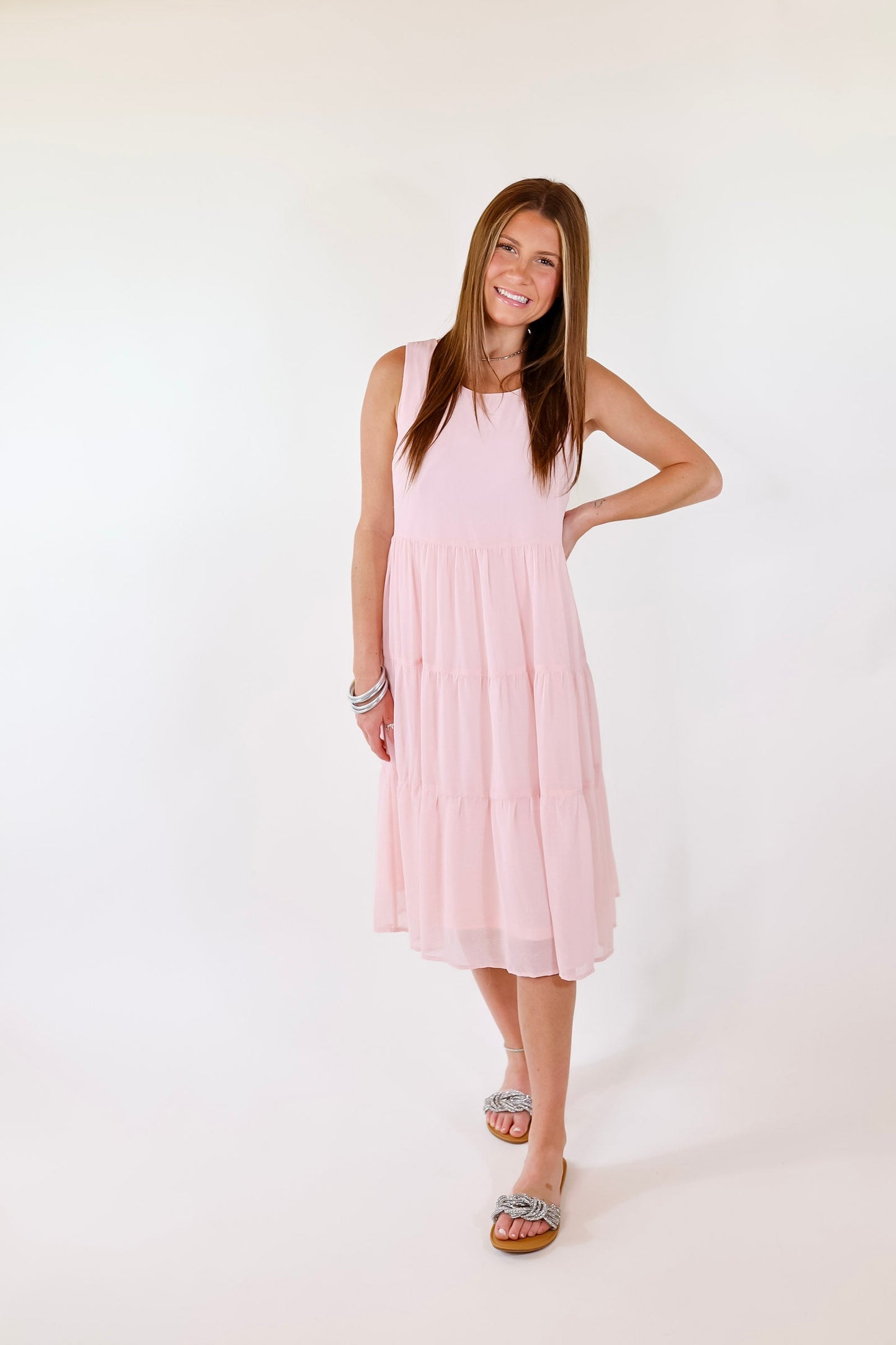 Blush Pink Tiered Tank Midi Dress