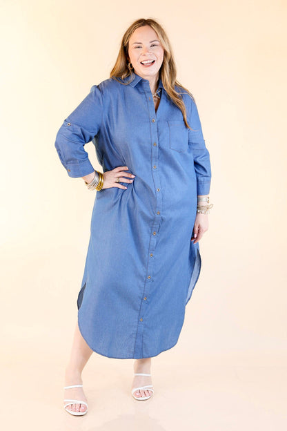 Light Wash Button Front Denim Midi Dress