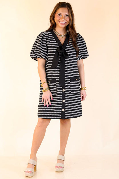Black Stripe Bow Neck Puff Sleeve A Line Dress