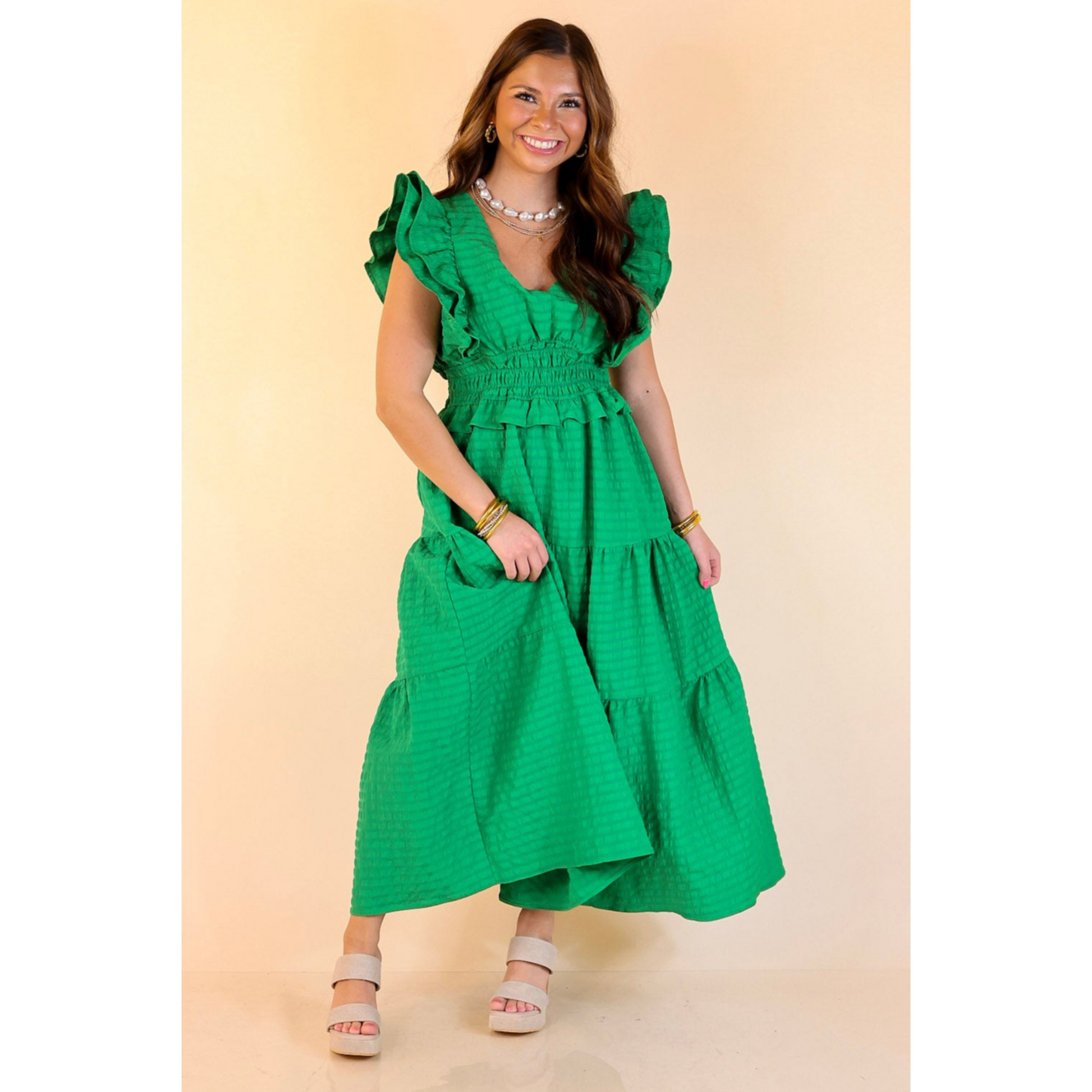 Green Smocked Waist Tiered Maxi Dress
