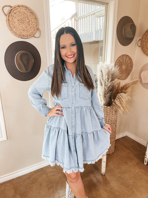 Light Wash Tiered Button Up Long Sleeve Dress