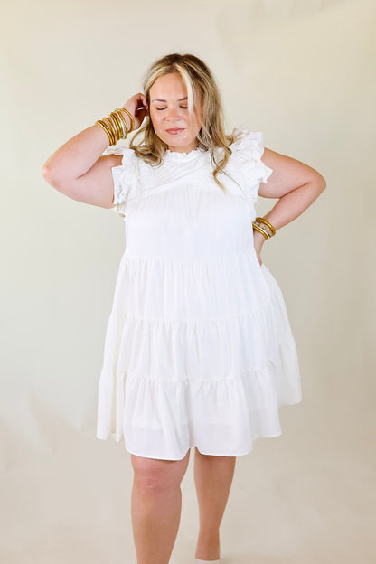 White Pleated Neck Ruffle Tiered Dress