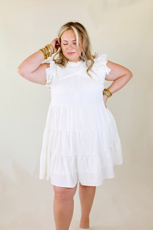 White Pleated Neck Ruffle Tiered Dress