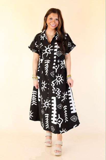 Black and White Abstract Button Down Midi Dress