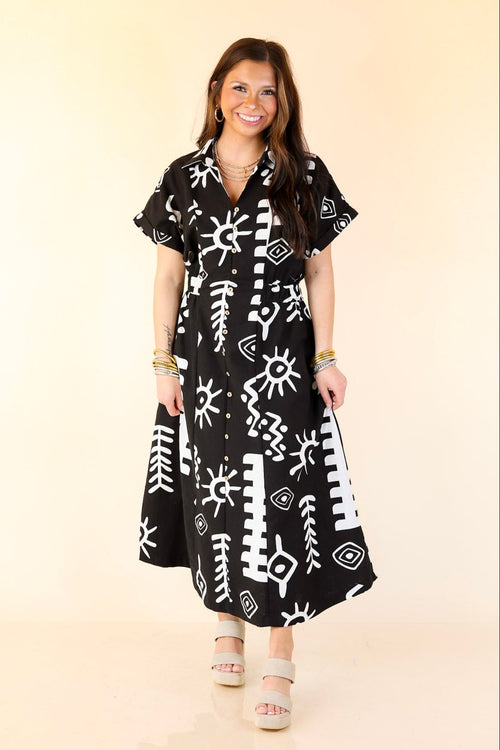 Black and White Abstract Button Down Midi Dress