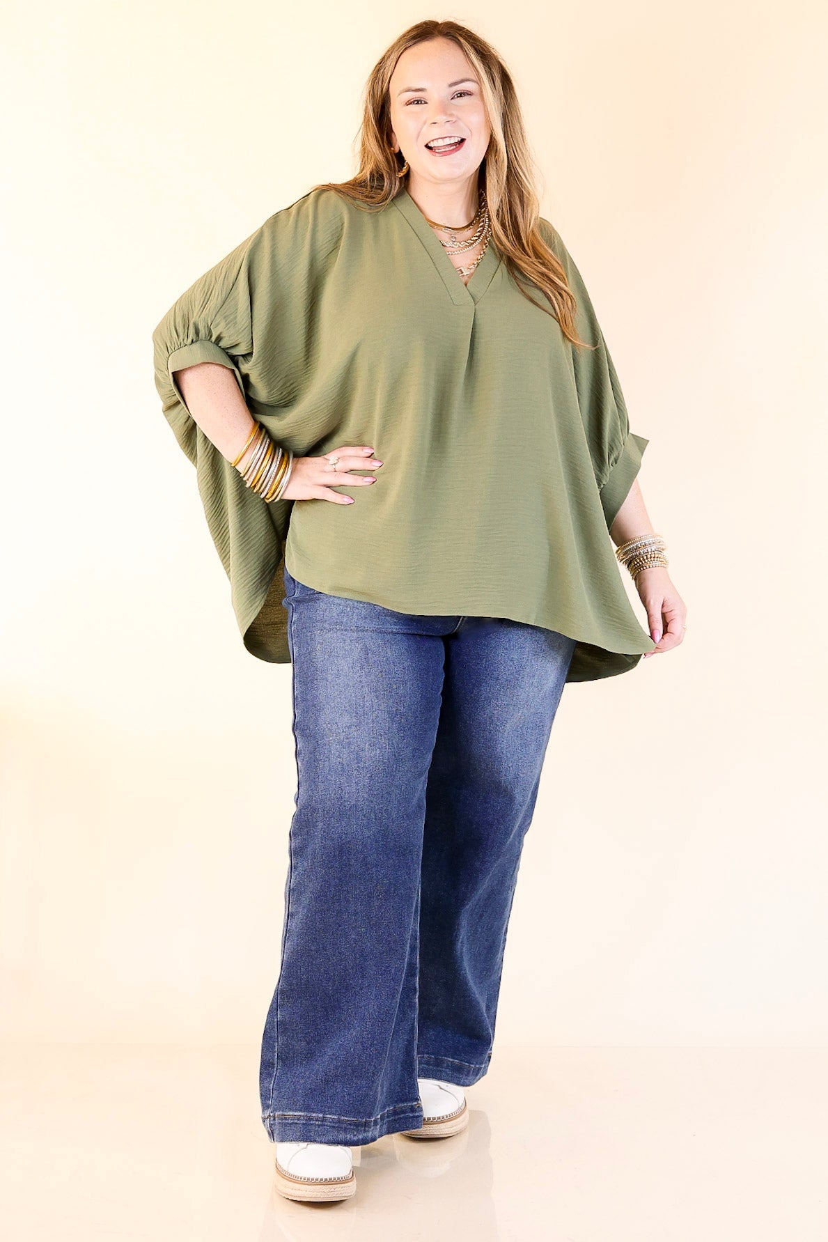 Olive Green Relaxed V Neck Half Sleeve Top