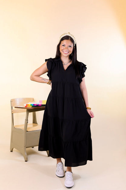 Black Ruffle Cap Sleeve Tiered Midi Dress
