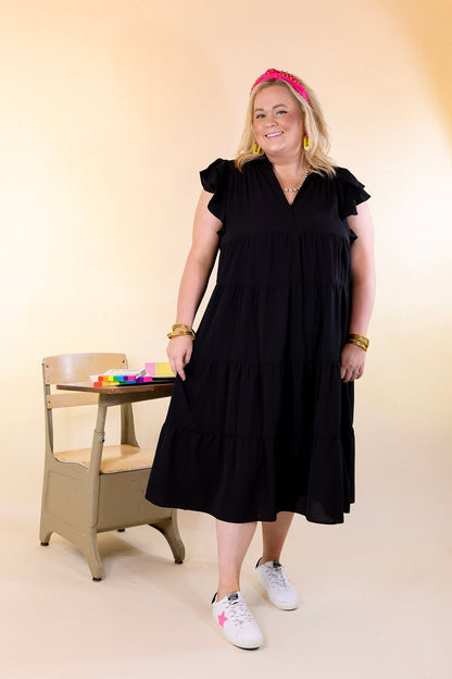 Black Ruffle Cap Sleeve Tiered Midi Dress