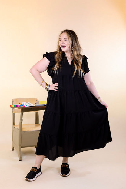 Black Ruffle Cap Sleeve Tiered Midi Dress