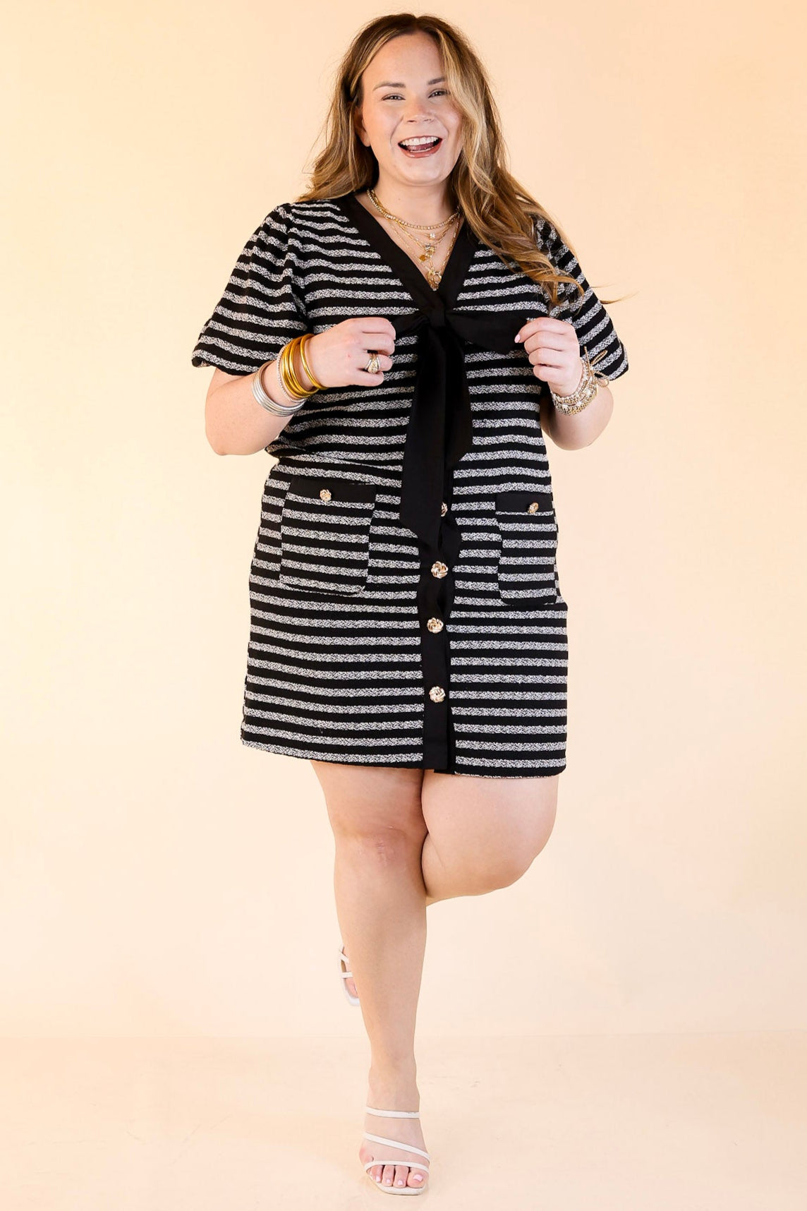 Black Stripe Bow Neck Puff Sleeve A Line Dress