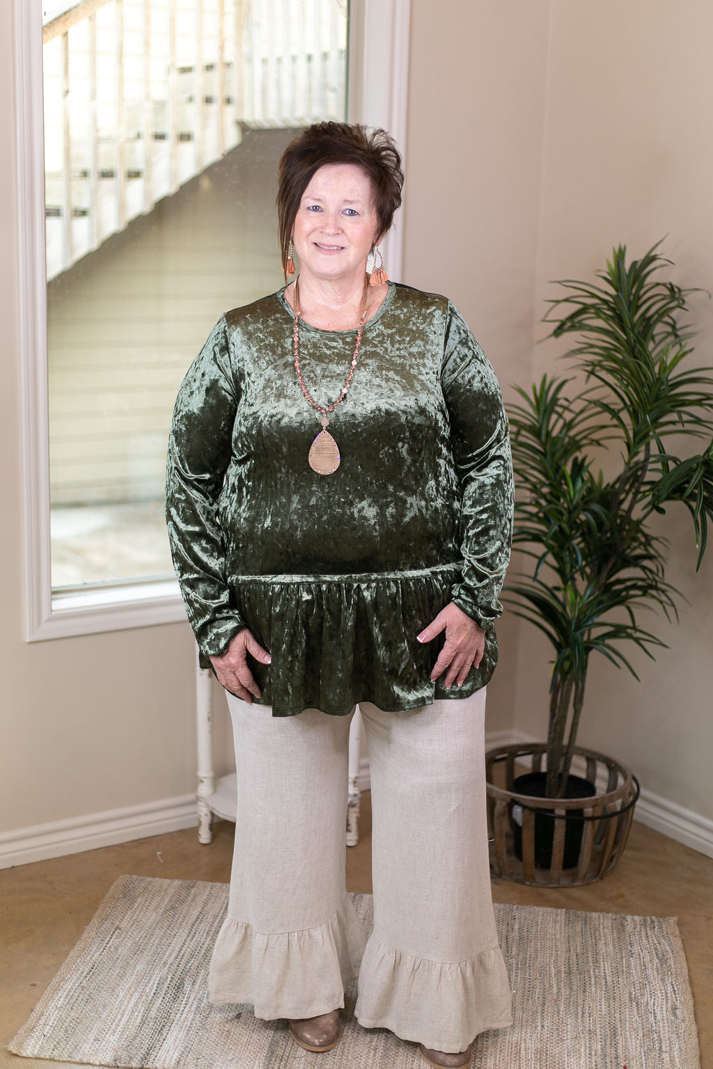 Oatmeal Linen Blend Ruffle Hem Wide Leg Pants