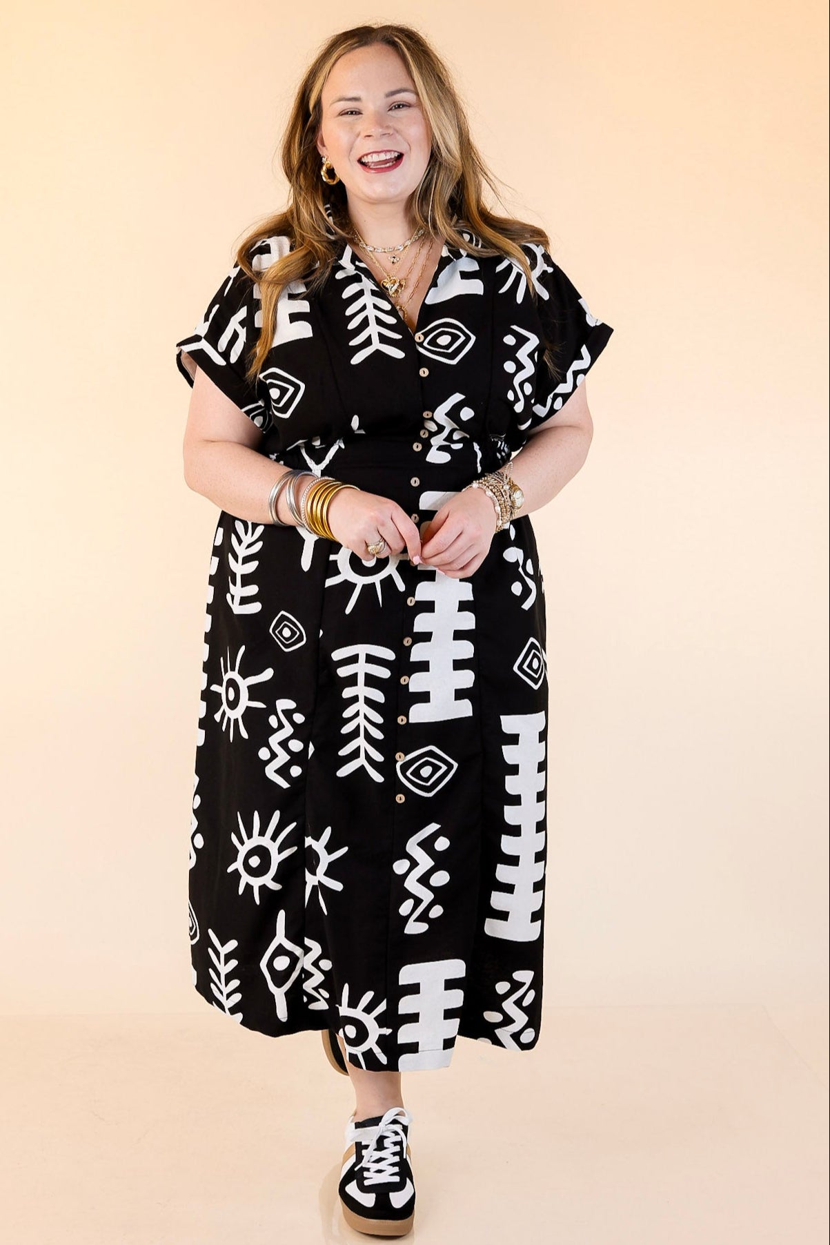 Black and White Abstract Button Down Midi Dress