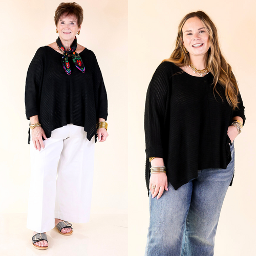 Black Waffle Texture Relaxed Cuff Sleeve Blouse