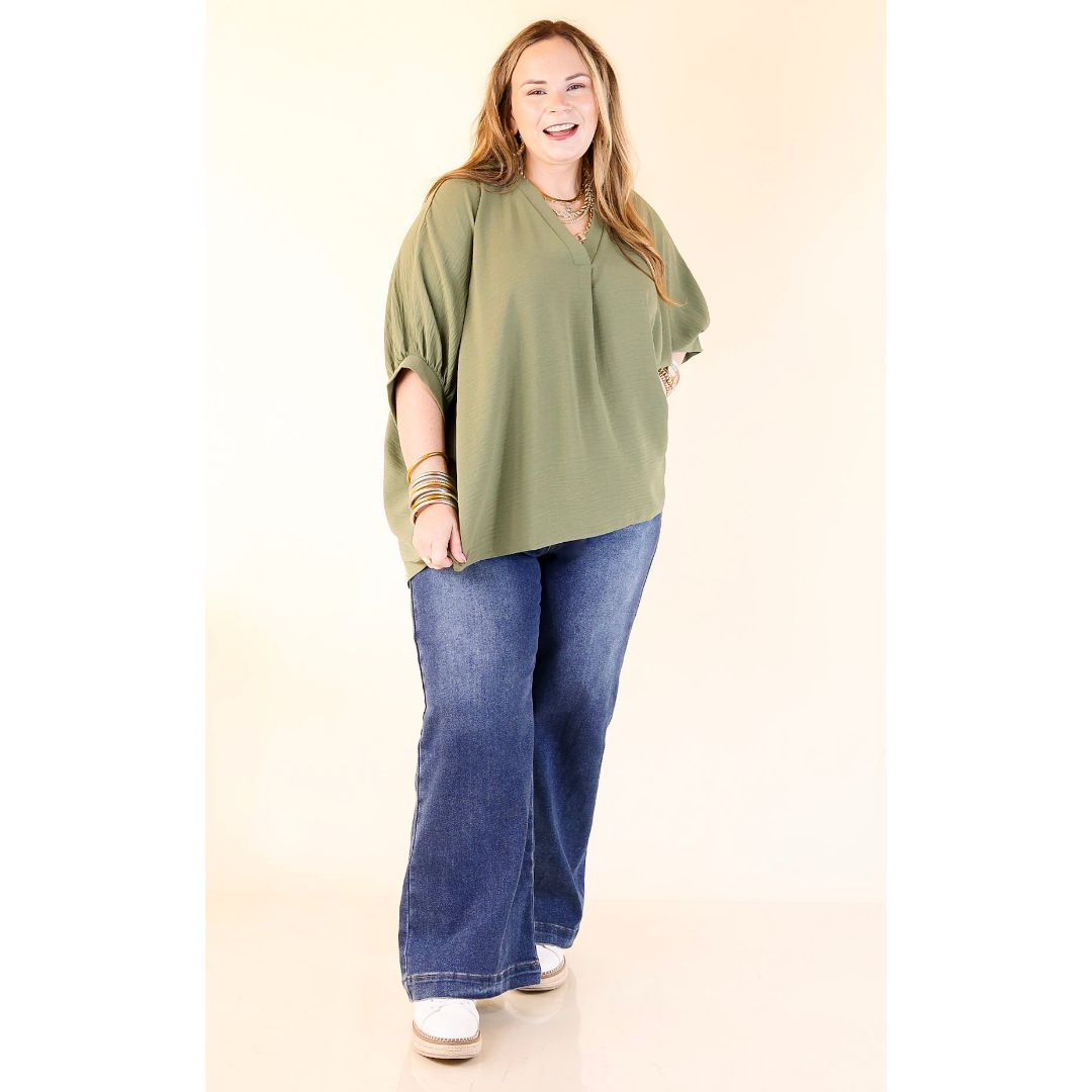 Olive Green Relaxed V Neck Half Sleeve Top