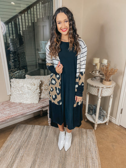 Mixed Stripe and Leopard Long Cardigan