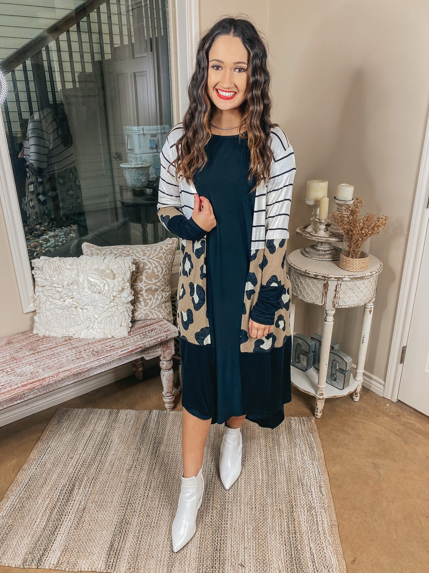 Mixed Stripe and Leopard Long Cardigan