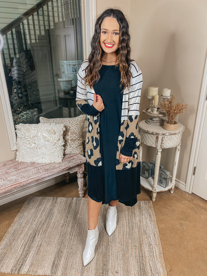 Mixed Stripe and Leopard Long Cardigan