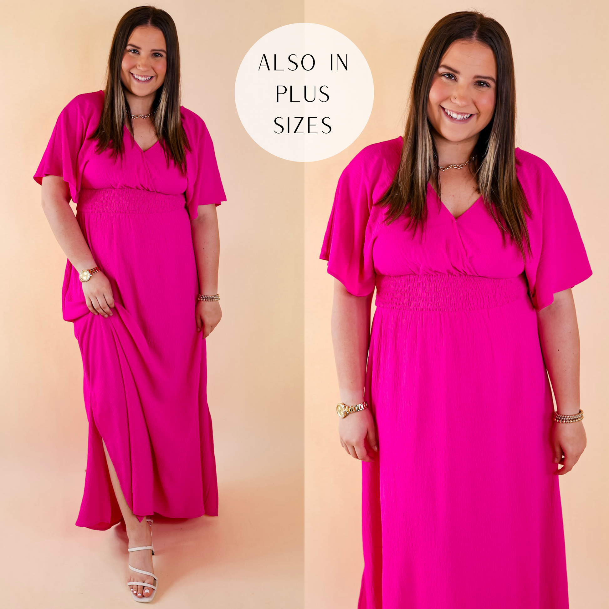 Fuchsia Smocked Waist V Neck Maxi Dress